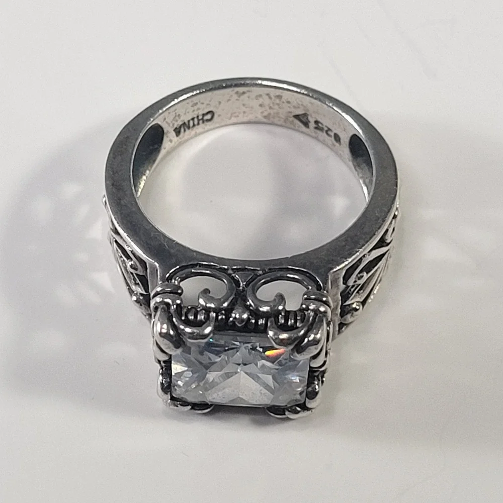 Sterling Silver Gothic Ring Size 7.75 Large Princess Cut Glass Statement‎ Ring